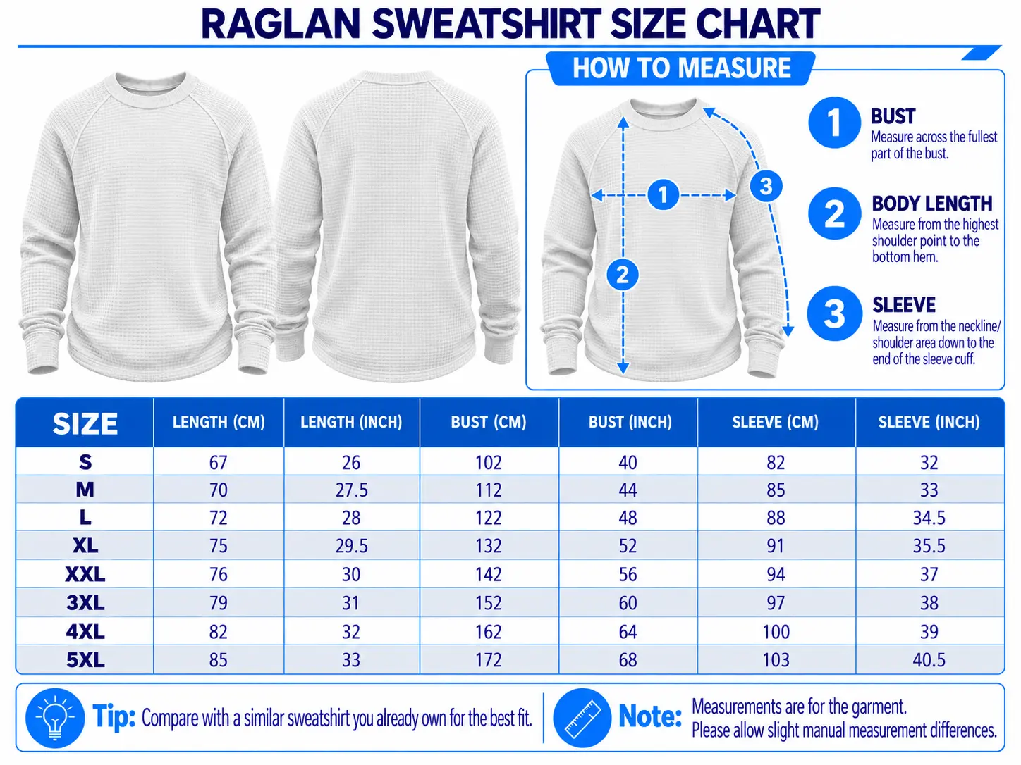 Infiniti | White Brown Striped Raglan Waffle Sweatshirt size chart