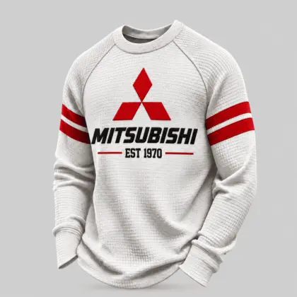 Mitsubishi | White Brown Striped Raglan Waffle Sweatshirt