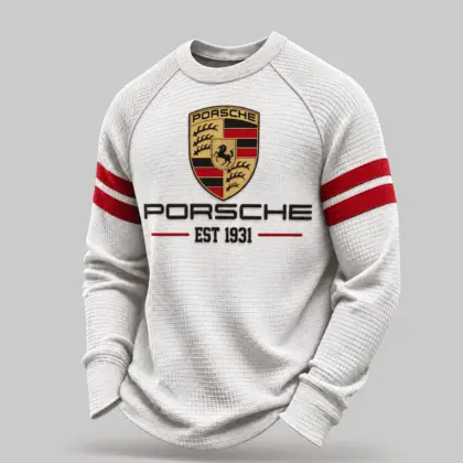 Porsche | White Brown Striped Raglan Waffle Sweatshirt