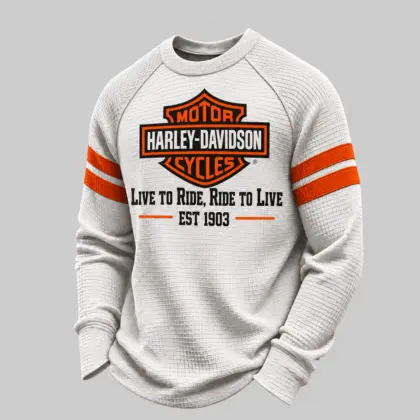 Harley-Davidson | White Brown Striped Raglan Waffle Sweatshirt