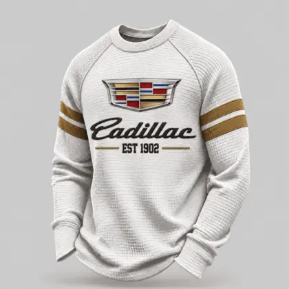 Cadillac | White Brown Striped Raglan Waffle Sweatshirt