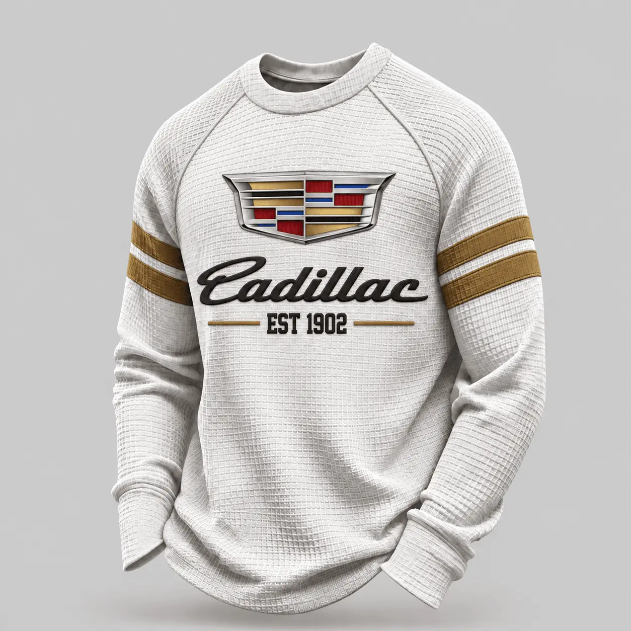 Cadillac | White Brown Striped Raglan Waffle Sweatshirt