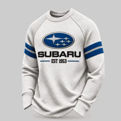 Subaru | White Brown Striped Raglan Waffle Sweatshirt