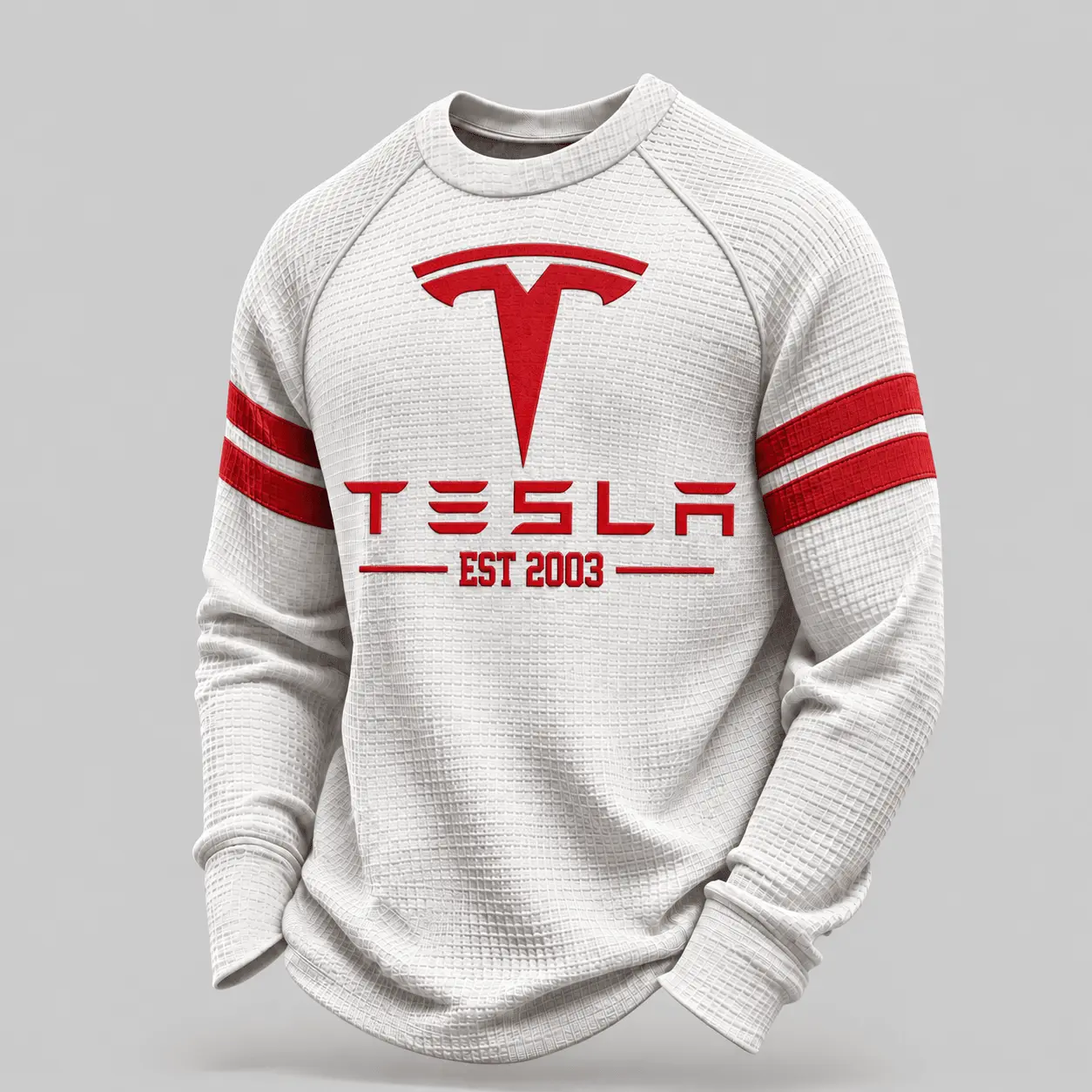 Tesla | White Brown Striped Raglan Waffle Sweatshirt