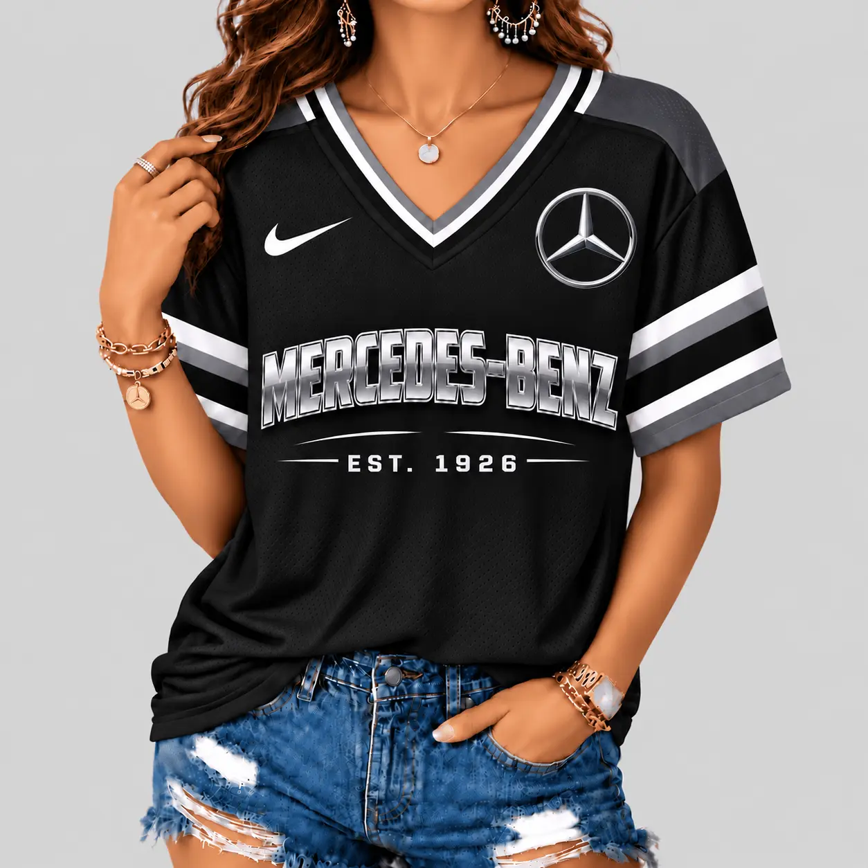 Mercedes-Benz | Black Silver Striped Jersey V-Neck