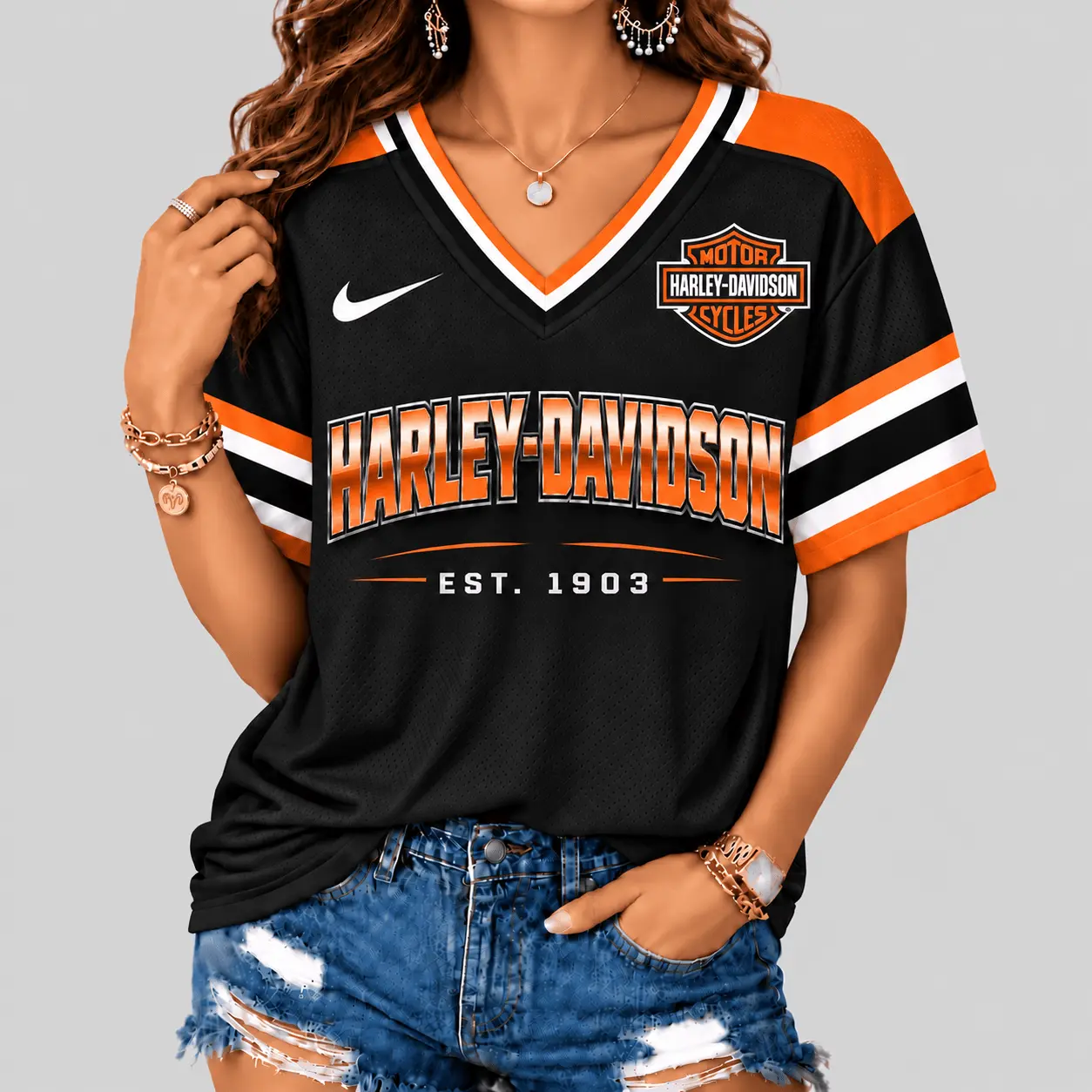 Harley-Davidson | Black Silver Striped Jersey V-Neck