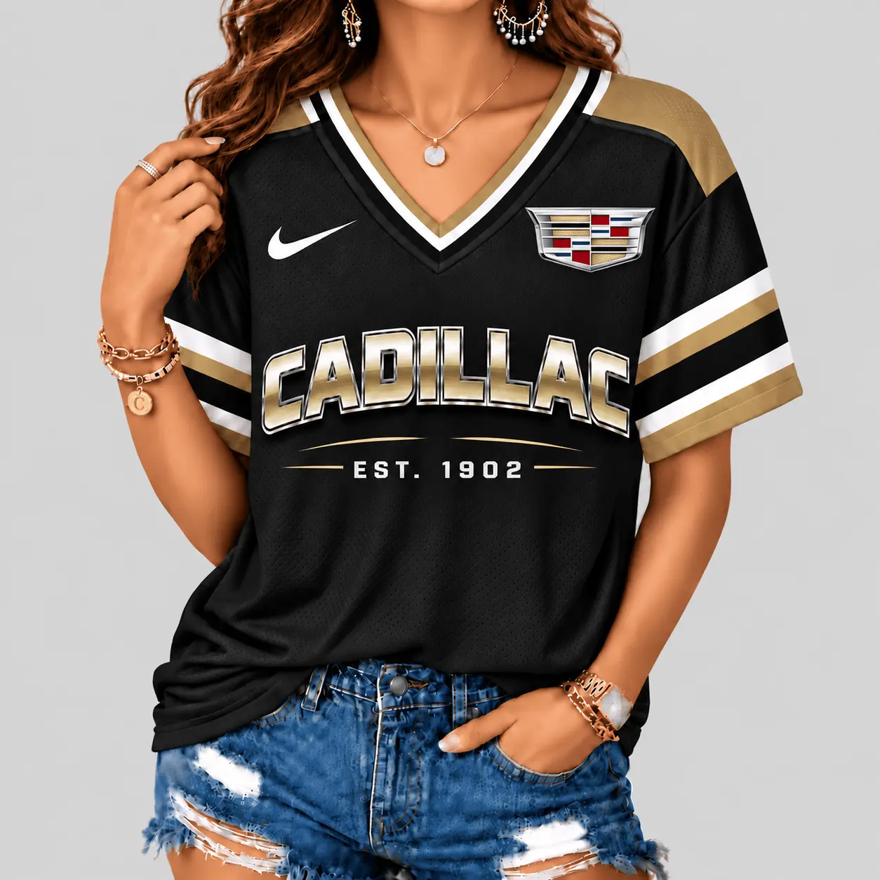 Cadillac | Black Silver Striped Jersey V-Neck