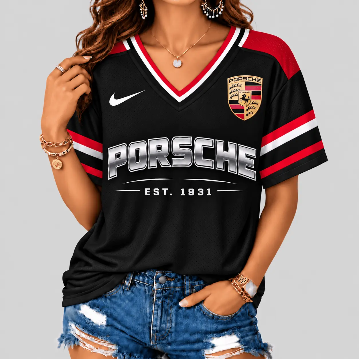 Porsche | Black Silver Striped Jersey V-Neck