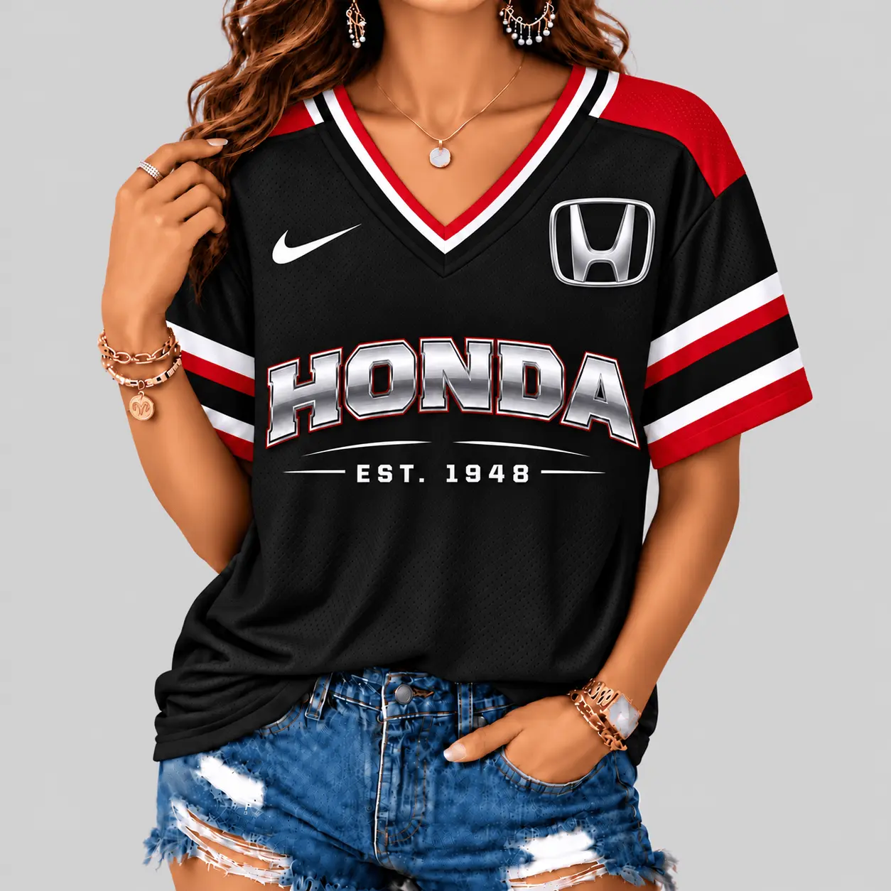 Honda | Black Silver Striped Jersey V-Neck