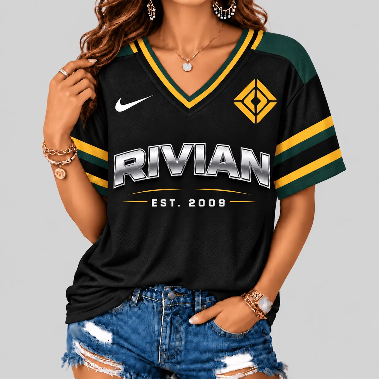 Rivian | Black Silver Striped Jersey V-Neck