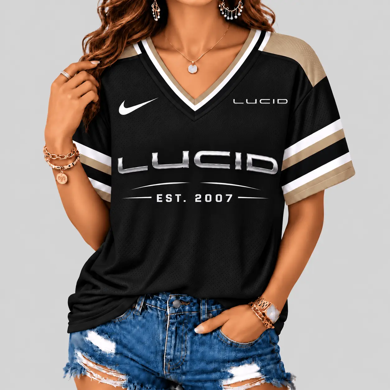 Lucid | Black Silver Striped Jersey V-Neck