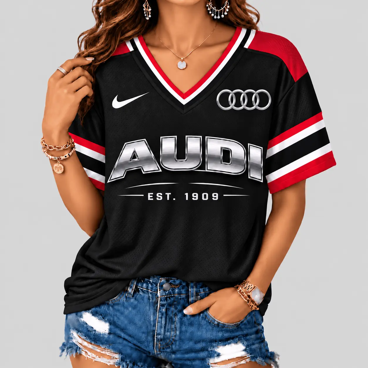 Audi | Black Silver Striped Jersey V-Neck