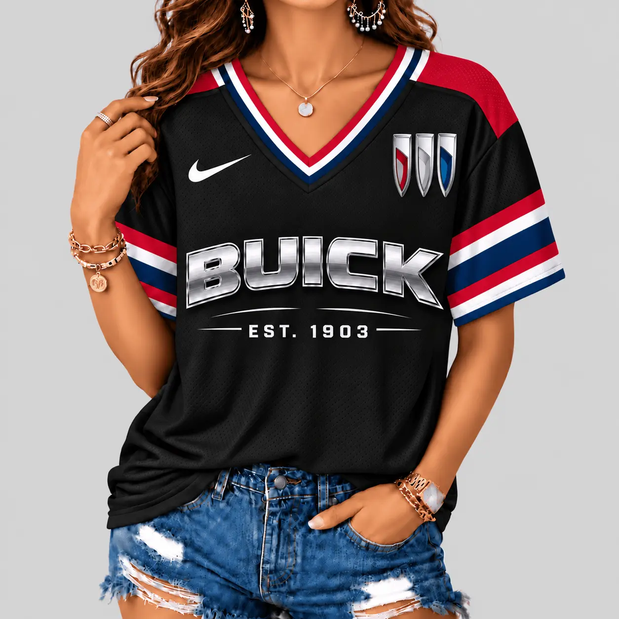Buick | Black Silver Striped Jersey V-Neck