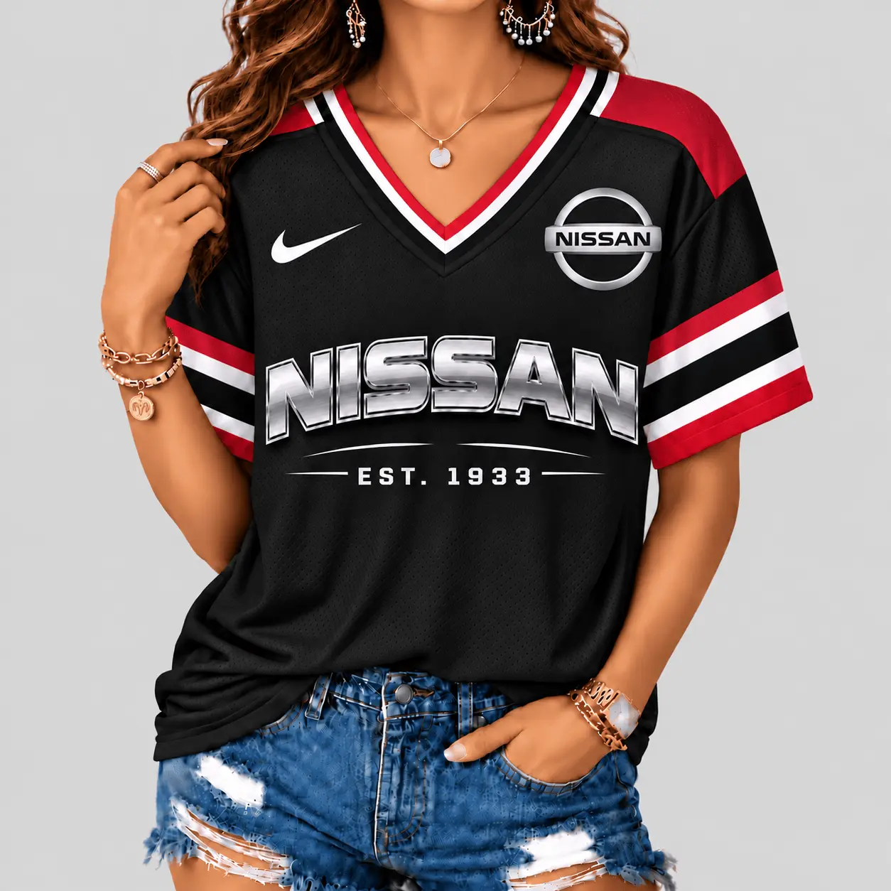 Nissan | Black Silver Striped Jersey V-Neck