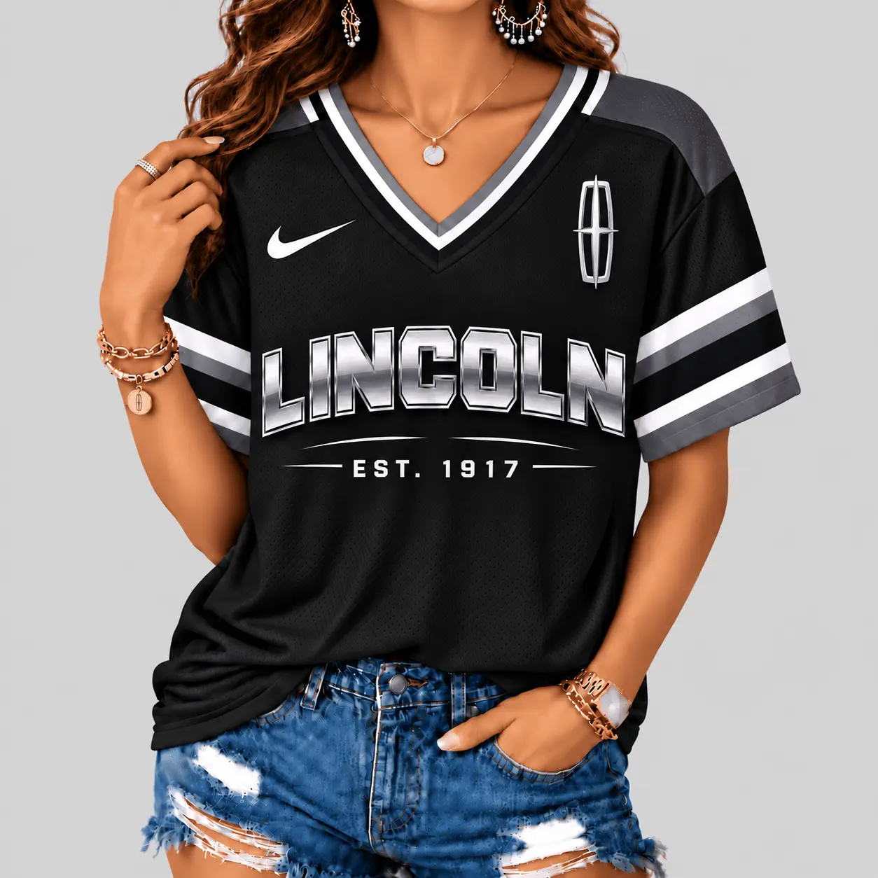 Lincoln | Black Silver Striped Jersey V-Neck
