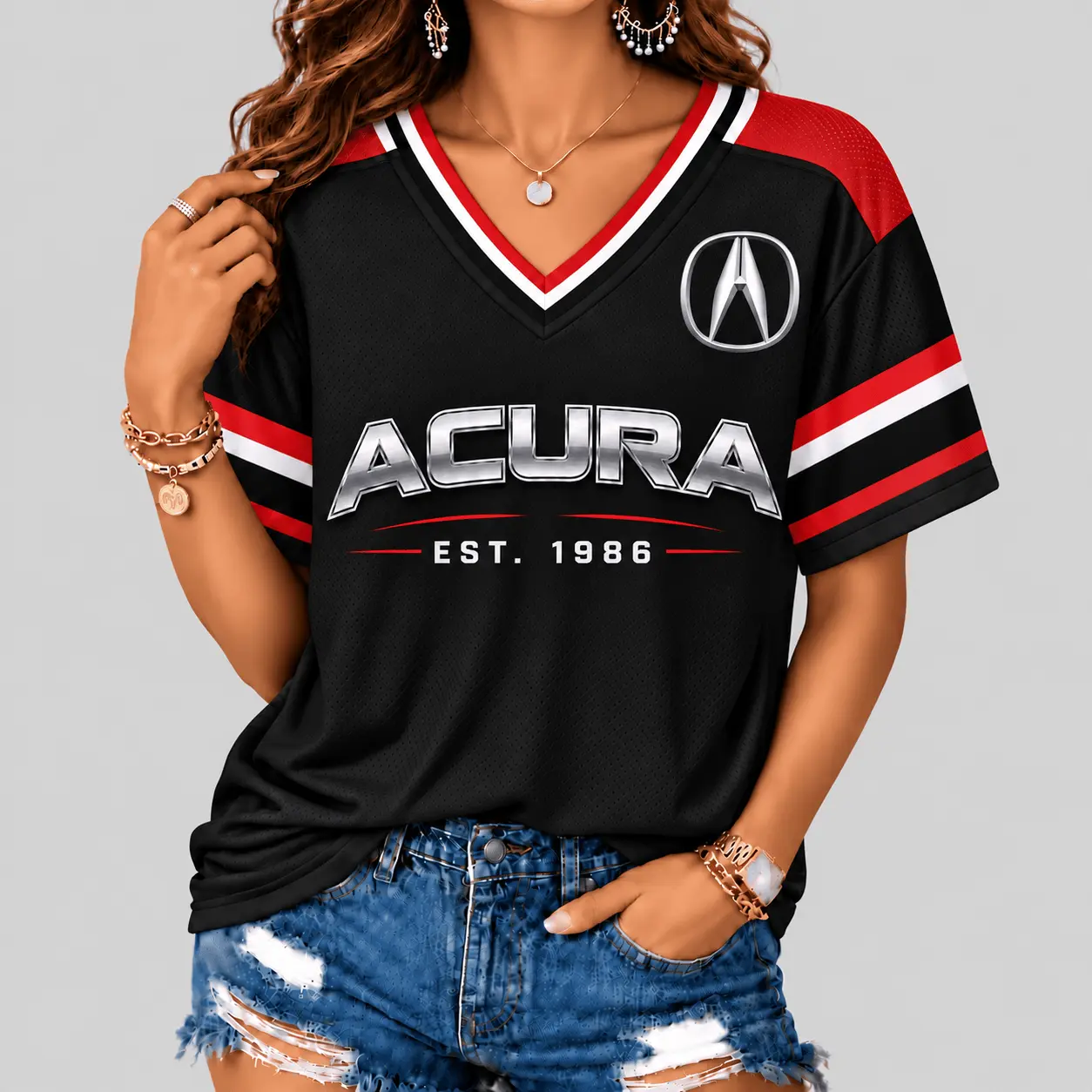 Acura | Black Silver Striped Jersey V-Neck
