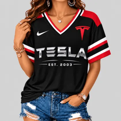 Tesla | Black Silver Striped Jersey V-Neck