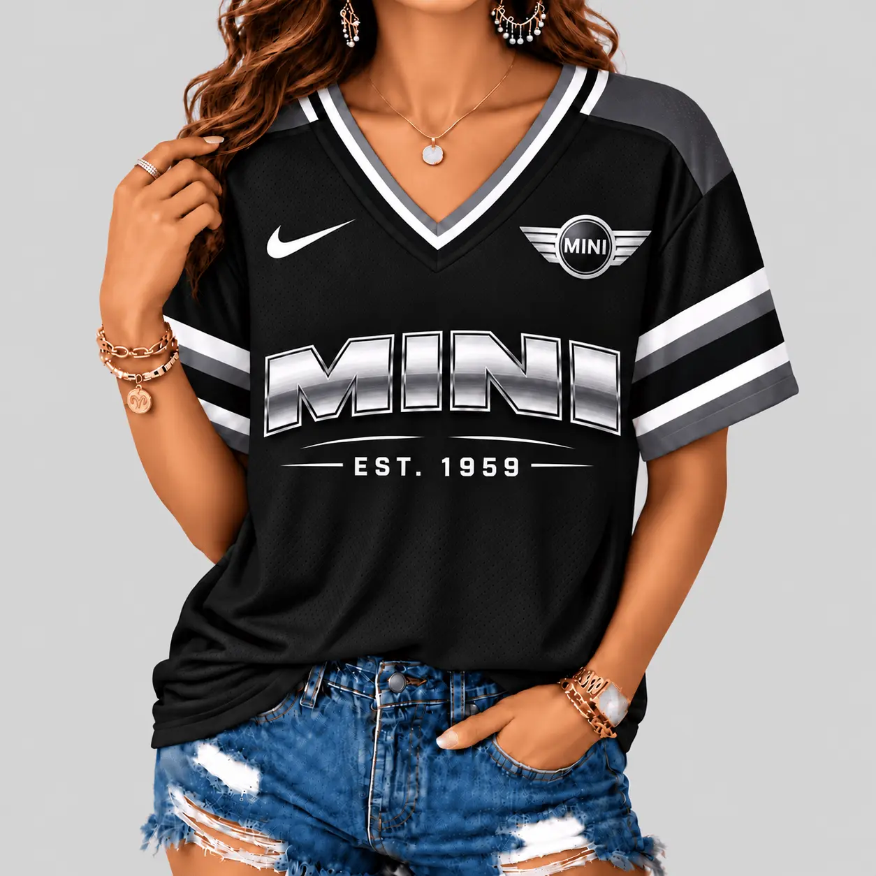 Mini | Black Silver Striped Jersey V-Neck