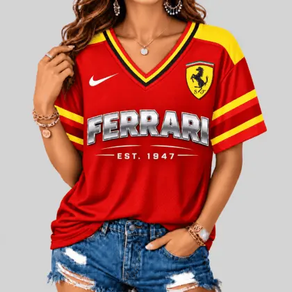 Ferrari | Black Silver Striped Jersey V-Neck