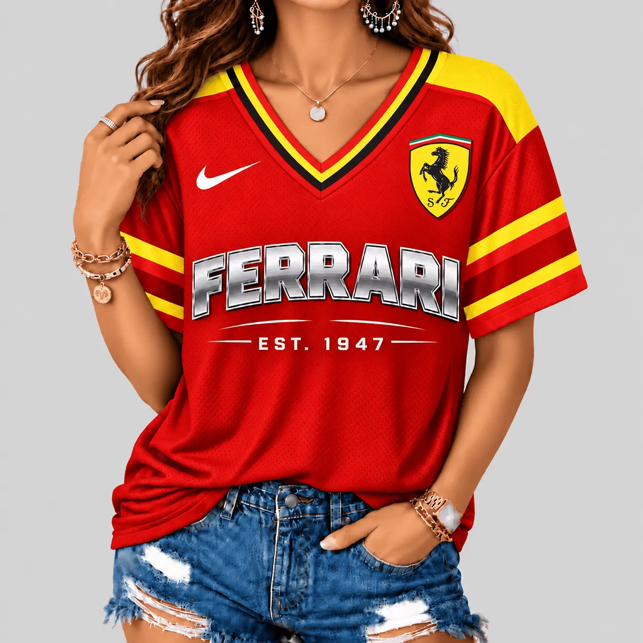 Ferrari | Black Silver Striped Jersey V-Neck
