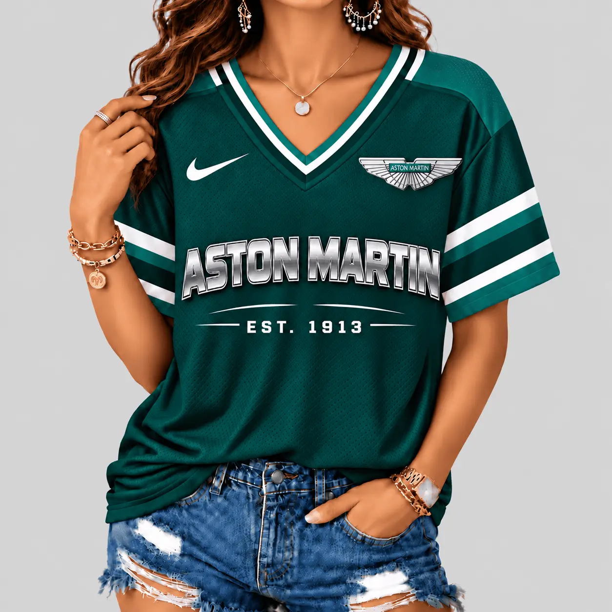 Aston Martin | Black Silver Striped Jersey V-Neck