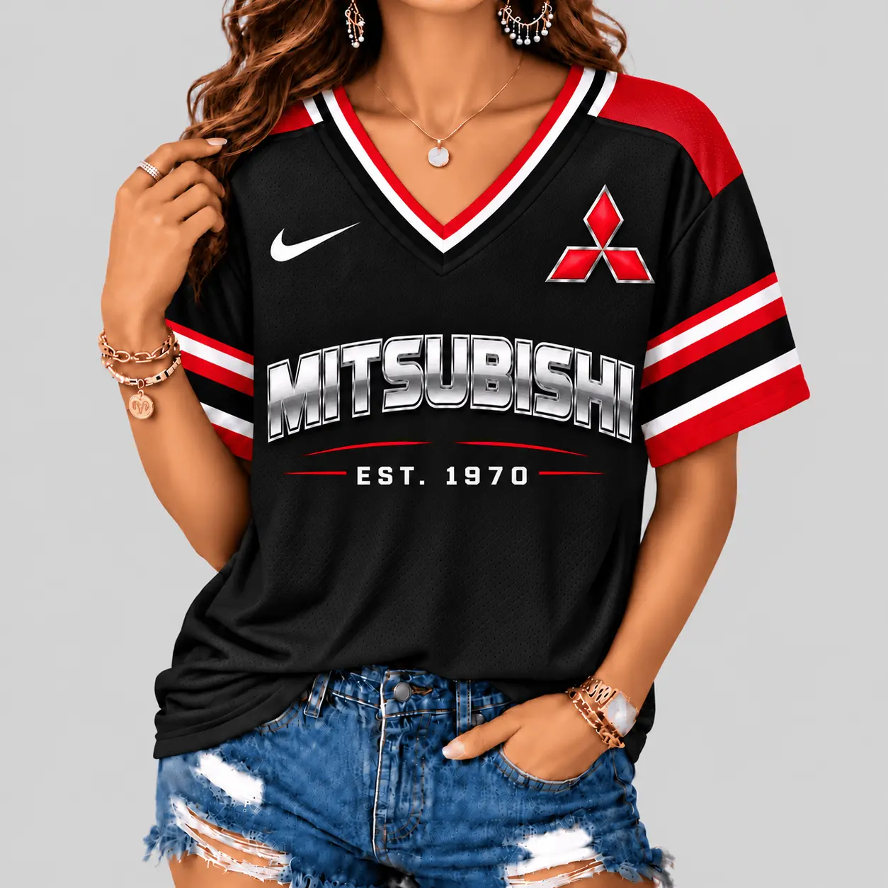 Mitsubishi | Black Silver Striped Jersey V-Neck
