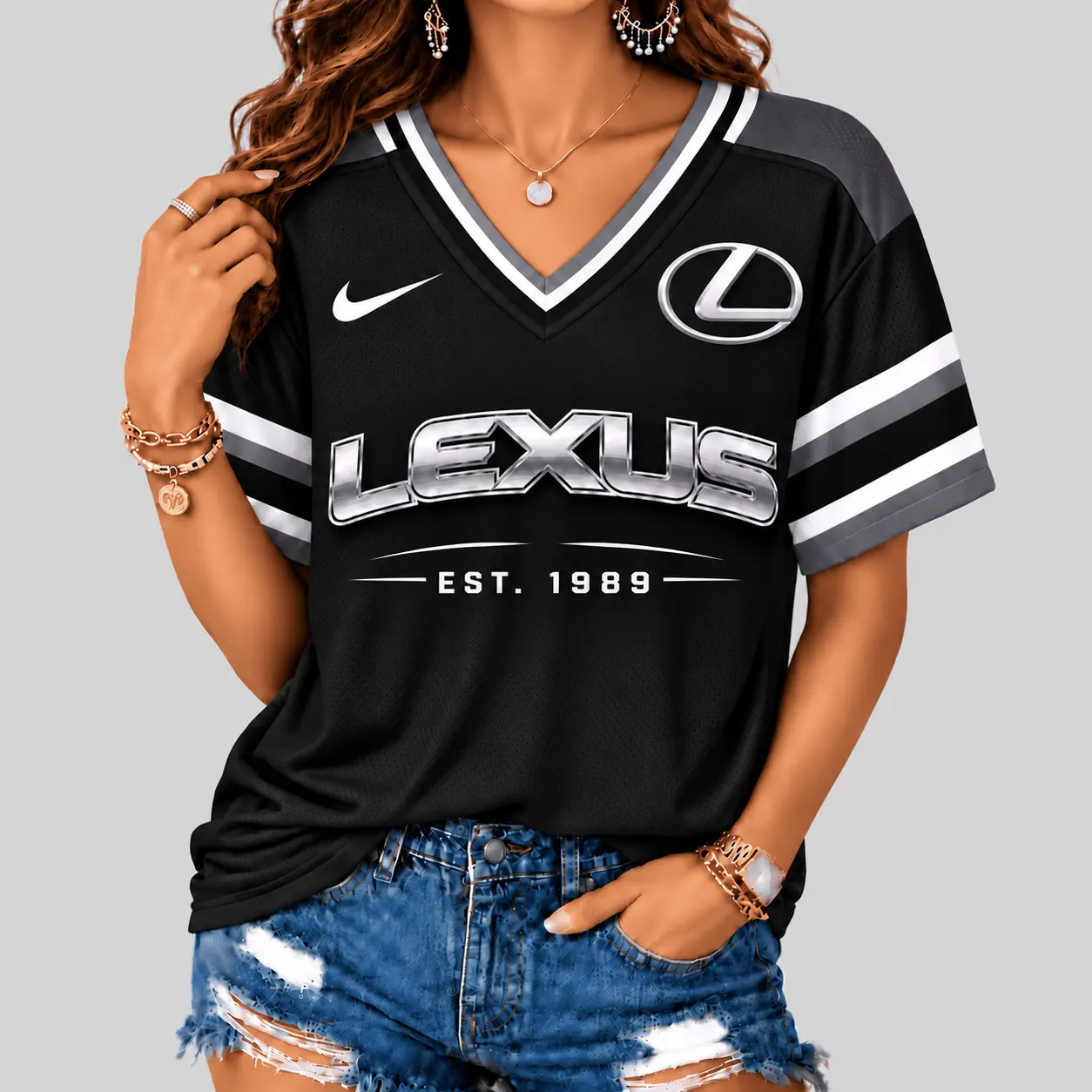 Lexus | Black Silver Striped Jersey V-Neck
