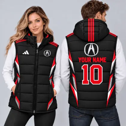 Acura | Sporty Geometric Colorblock Personalized Name Number Hooded Puffer Vest