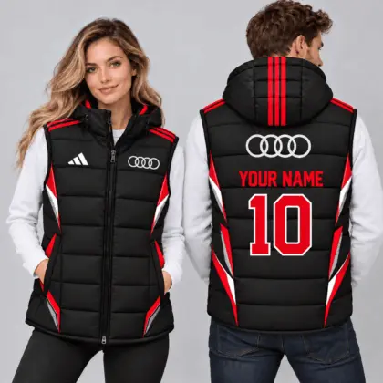 Audi | Sporty Geometric Colorblock Personalized Name Number Hooded Puffer Vest