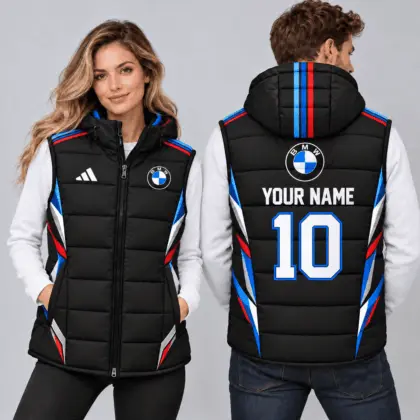Bmw | Sporty Geometric Colorblock Personalized Name Number Hooded Puffer Vest