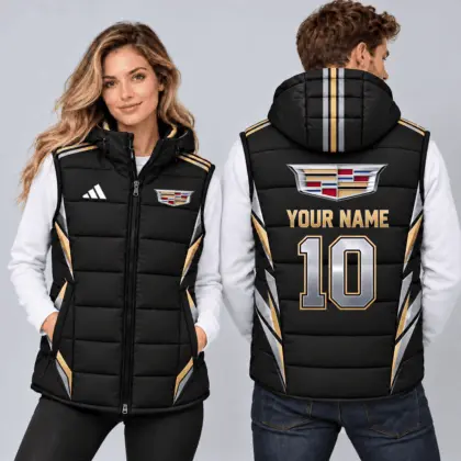 Cadillac | Sporty Geometric Colorblock Personalized Name Number Hooded Puffer Vest
