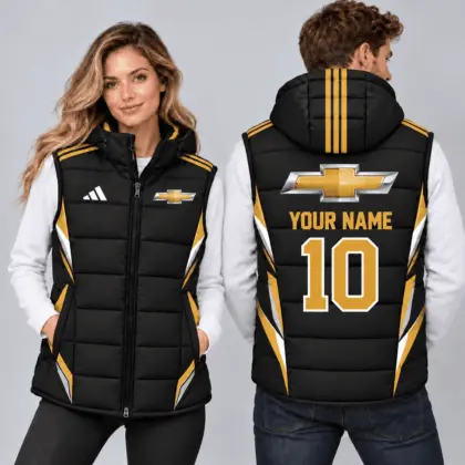 Chevrolet | Sporty Geometric Colorblock Personalized Name Number Hooded Puffer Vest