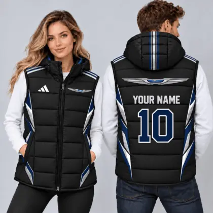 Chrysler | Sporty Geometric Colorblock Personalized Name Number Hooded Puffer Vest
