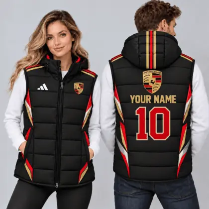 Ferrari | Sporty Geometric Colorblock Personalized Name Number Hooded Puffer Vest