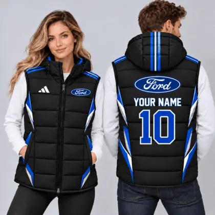 Ford | Sporty Geometric Colorblock Personalized Name Number Hooded Puffer Vest
