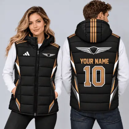 Genesis | Sporty Geometric Colorblock Personalized Name Number Hooded Puffer Vest