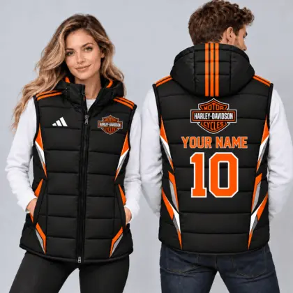 Harley-davidson | Sporty Geometric Colorblock Personalized Name Number Hooded Puffer Vest