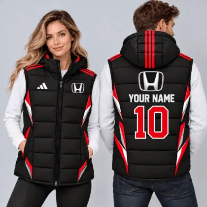 Honda | Sporty Geometric Colorblock Personalized Name Number Hooded Puffer Vest