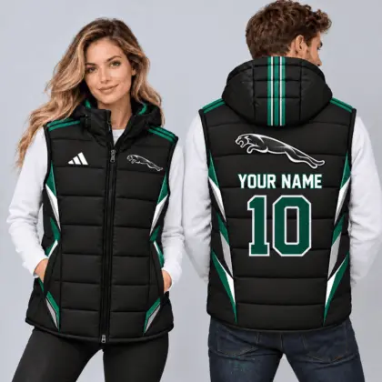 Jaguar | Sporty Geometric Colorblock Personalized Name Number Hooded Puffer Vest