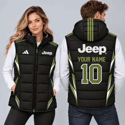 Jeep | Sporty Geometric Colorblock Personalized Name Number Hooded Puffer Vest
