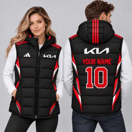 Kia | Sporty Geometric Colorblock Personalized Name Number Hooded Puffer Vest
