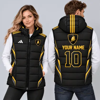 Lamborghini | Sporty Geometric Colorblock Personalized Name Number Hooded Puffer Vest