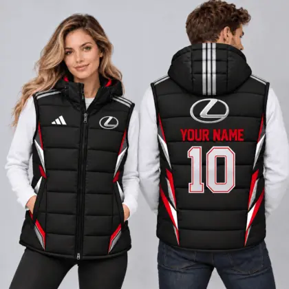 Lexus | Sporty Geometric Colorblock Personalized Name Number Hooded Puffer Vest