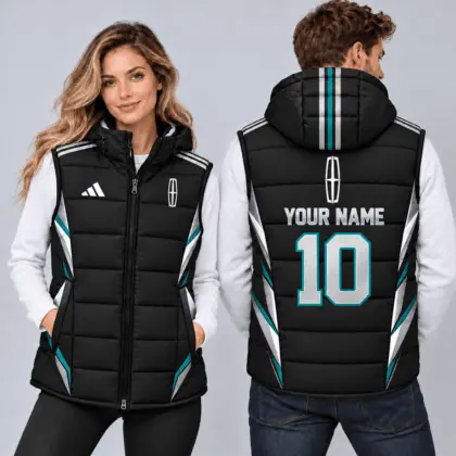 Lincoln | Sporty Geometric Colorblock Personalized Name Number Hooded Puffer Vest