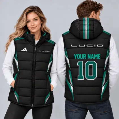 Lucid | Sporty Geometric Colorblock Personalized Name Number Hooded Puffer Vest