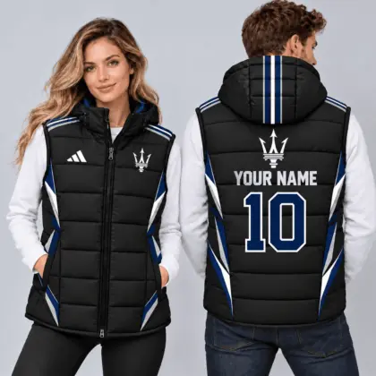 Maserati | Sporty Geometric Colorblock Personalized Name Number Hooded Puffer Vest