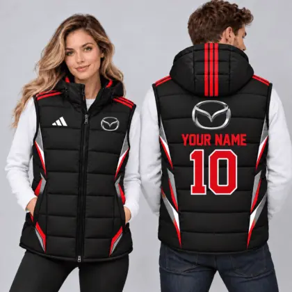 Mazda | Sporty Geometric Colorblock Personalized Name Number Hooded Puffer Vest