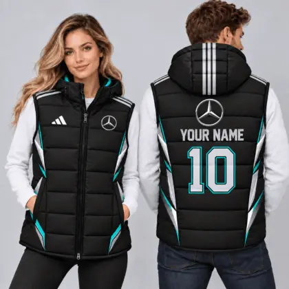 Mercedes-benz | Sporty Geometric Colorblock Personalized Name Number Hooded Puffer Vest
