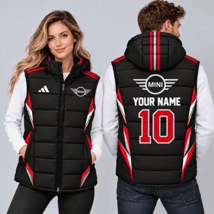 Mini | Sporty Geometric Colorblock Personalized Name Number Hooded Puffer Vest