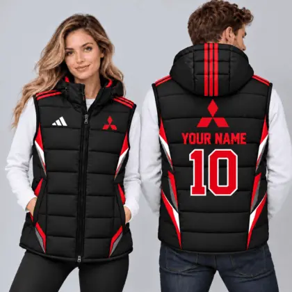 Mitsubishi | Sporty Geometric Colorblock Personalized Name Number Hooded Puffer Vest